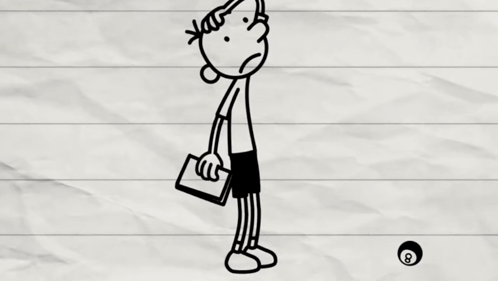 A Black And White Drawing Of A Boy Hanging Upside Down Surrounded By Pool Balls On A Piece Of Paper . GIF