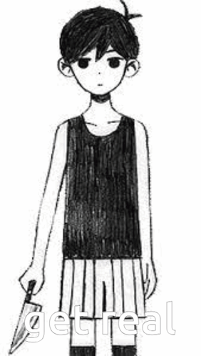 A Black And White Drawing Of A Boy Holding A Knife With The Words `` Get Real '' Written Below Him . GIF
