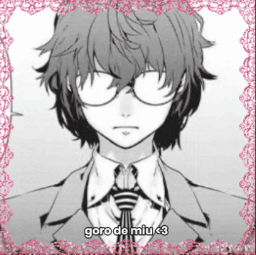 A Black And White Drawing Of A Boy In A Suit And Tie With The Words Goro De Miu < 3 On The Bottom GIF