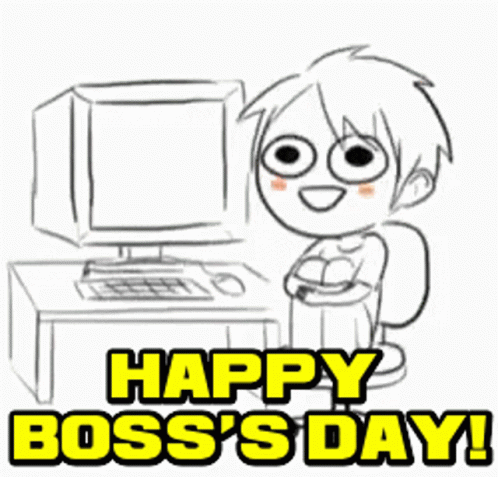 A Black And White Drawing Of A Boy Sitting In Front Of A Computer With The Words Happy Boss 'S Day Written Below Him GIF