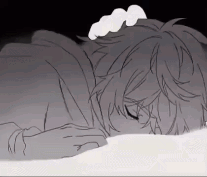 A Black And White Drawing Of A Boy Sleeping In Bed . GIF