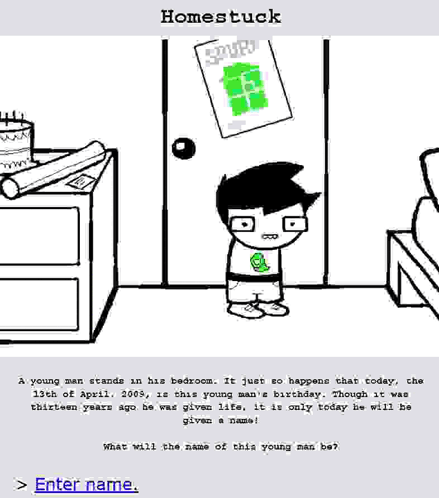 A Black And White Drawing Of A Boy Standing In Front Of A Door With A Green Sign On It . GIF