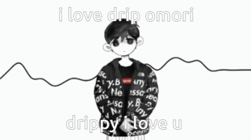 A Black And White Drawing Of A Boy Wearing A Drip Omori Hoodie . GIF