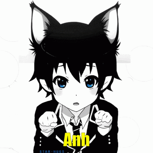 A Black And White Drawing Of A Boy With A Cat Ear And The Name Anh GIF