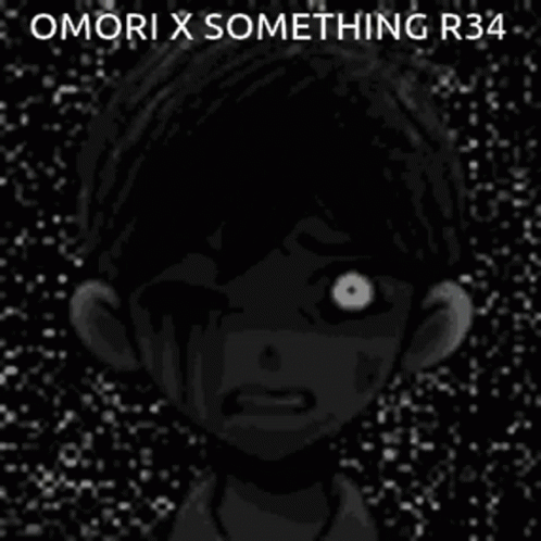 A Black And White Drawing Of A Boy With A Glowing Eye And The Words `` Omori X Something R34 '' . GIF