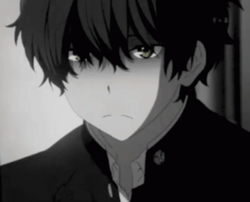 A Black And White Drawing Of A Boy With A Sad Expression On His Face GIF