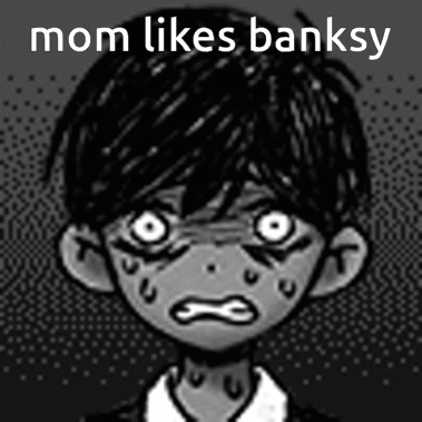 A Black And White Drawing Of A Boy With A Sad Face And The Words Mom Likes Banksy . GIF