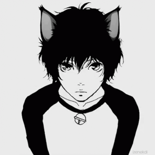 A Black And White Drawing Of A Boy With Cat Ears And A Bell Around His Neck GIF