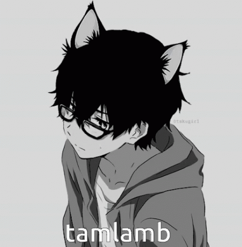 A Black And White Drawing Of A Boy With Cat Ears And The Word Tamlamb On The Bottom GIF