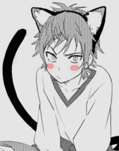 A Black And White Drawing Of A Boy With Cat Ears On His Head GIF
