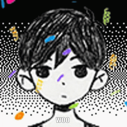 A Black And White Drawing Of A Boy With Confetti In His Hair And The Words Woo On The Bottom . GIF