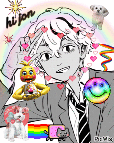 A Black And White Drawing Of A Boy With Hearts And A Smiley Face With The Words Hi Jon Written On It GIF