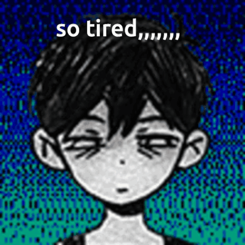 A Black And White Drawing Of A Boy With His Eyes Closed And The Words `` So Tired '' Above Him . GIF