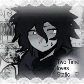 A Black And White Drawing Of A Boy With Long Hair And The Words `` Two Time Loves Static '' On The Bottom . GIF