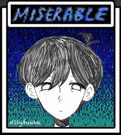 A Black And White Drawing Of A Boy With The Word Miserable Written Above Him GIF