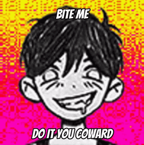 A Black And White Drawing Of A Boy With The Words Bite Me Do It You Coward On The Bottom GIF