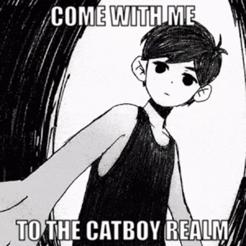 A Black And White Drawing Of A Boy With The Words " Come With Me To The Catboy Realm " GIF