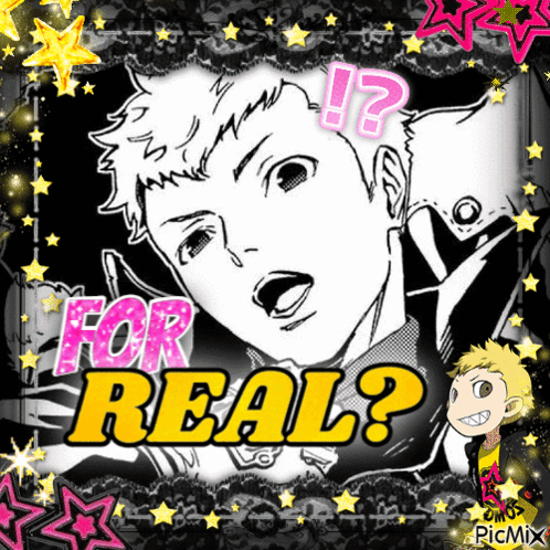A Black And White Drawing Of A Boy With The Words " For Real " On It GIF