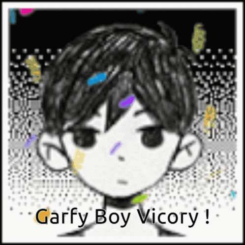 A Black And White Drawing Of A Boy With The Words Garfy Boy Vicory Written On It GIF