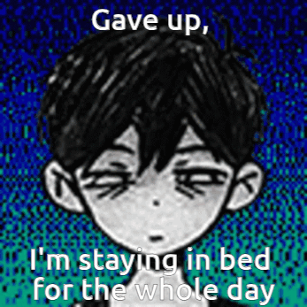 A Black And White Drawing Of A Boy With The Words Gave Up I 'M Staying In Bed For The Whole Day GIF