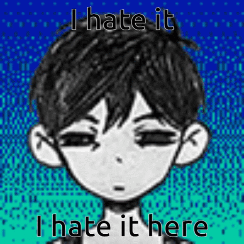 A Black And White Drawing Of A Boy With The Words `` I Hate It Here '' Written On It . GIF
