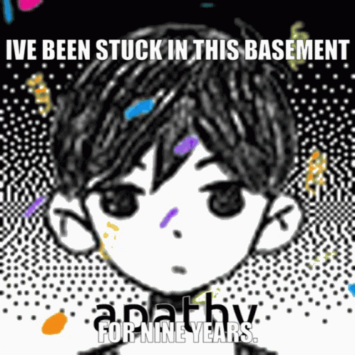 A Black And White Drawing Of A Boy With The Words I 'Ve Been Stuck In This Basement GIF