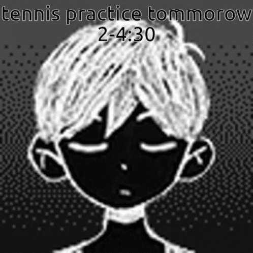 A Black And White Drawing Of A Boy With The Words Tennis Practice Tommorow At The Top GIF