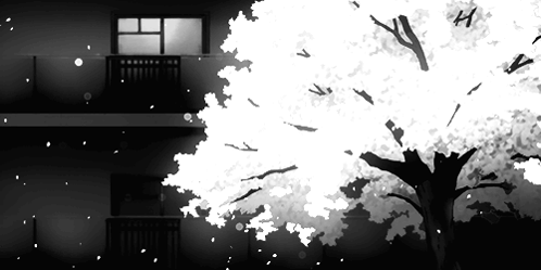 A Black And White Drawing Of A Building And A Tree With The Letter H On It GIF