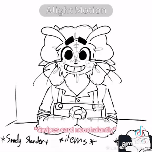 A Black And White Drawing Of A Cartoon Character Sitting At A Table With A Name Tag On It . GIF