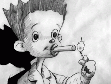 A Black And White Drawing Of A Cartoon Character Smoking A Cigarette And Holding A Lit Match . GIF