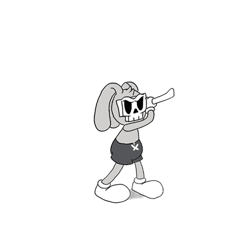 A Black And White Drawing Of A Cartoon Character With A Skull On His Head Holding An Axe GIF