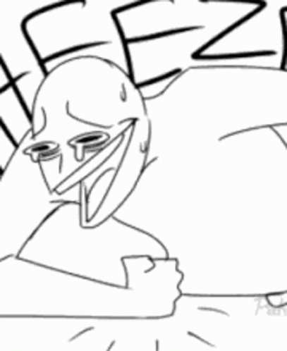 A Black And White Drawing Of A Cartoon Character With Tears Running Down His Face And The Word Freeze . GIF