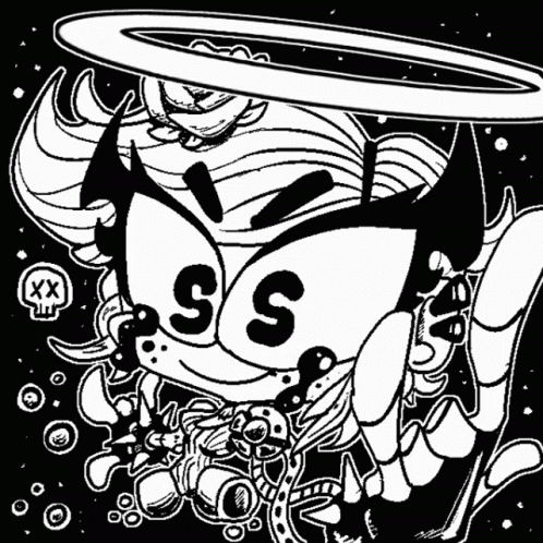a black and white drawing of a cartoon character with the letters ee on his face .