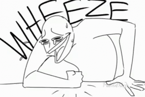 A Black And White Drawing Of A Cartoon Character With The Word Wheeze Written Above Him . GIF