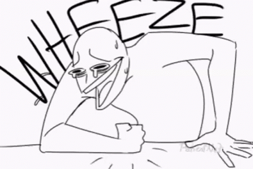 A Black And White Drawing Of A Cartoon Character With The Word Wheeze Written On It . GIF