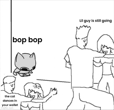 A Black And White Drawing Of A Cat Dancing In A Wallet With A Caption . GIF