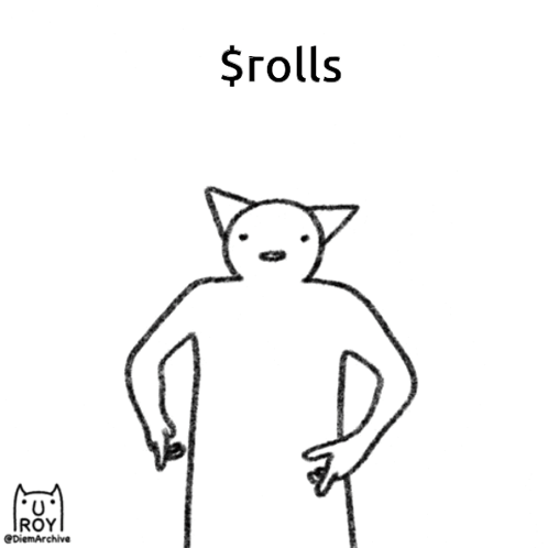 a black and white drawing of a cat pointing at something with the words $ rolls below it