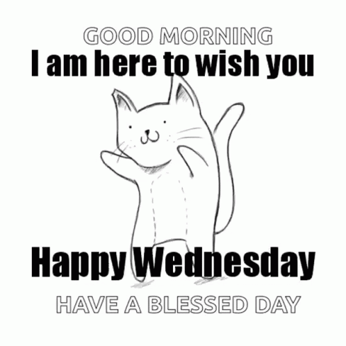 a black and white drawing of a cat saying good morning i am here to wish you happy wednesday