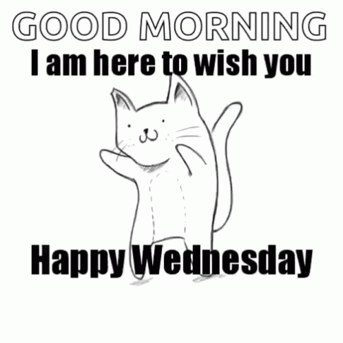 A Black And White Drawing Of A Cat That Says `` Good Morning I Am Here To Wish You Happy Wednesday '' GIF
