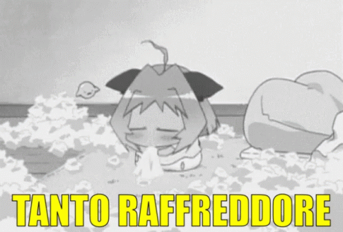 A Black And White Drawing Of A Cat With The Words " Tanto Raffreddore " Written In Yellow GIF