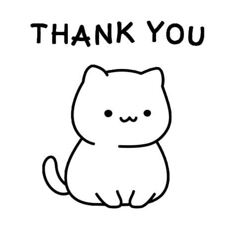 A Black And White Drawing Of A Cat With The Words `` Thank You '' Written Above It . GIF
