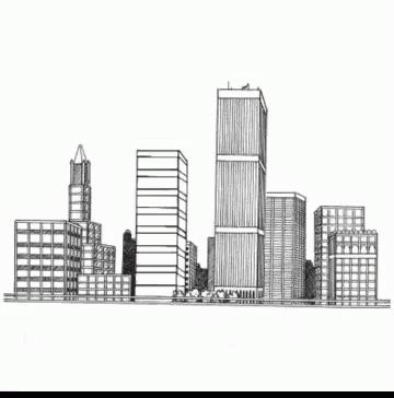 A Black And White Drawing Of A City Skyline With A Lot Of Tall Buildings GIF