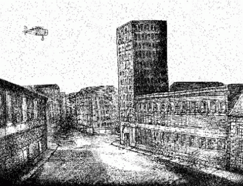 A Black And White Drawing Of A City Street With A Plane Flying Overhead GIF