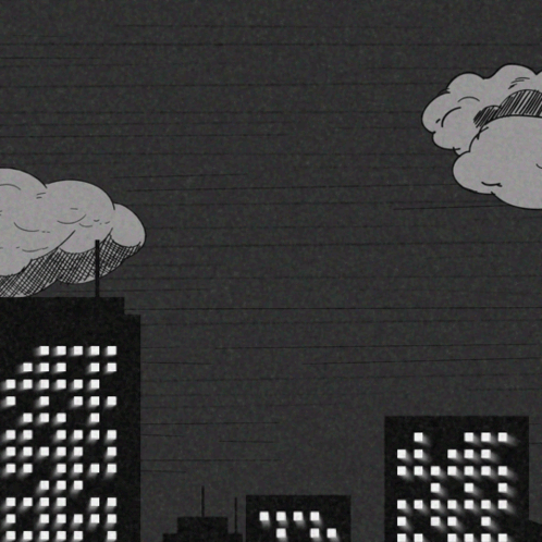 A Black And White Drawing Of A City With A Large Star In The Sky GIF