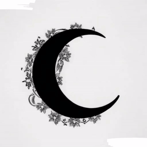 A Black And White Drawing Of A Crescent Moon With Flowers And Leaves Around It GIF