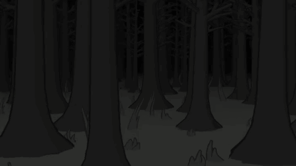 A Black And White Drawing Of A Dark Forest With Trees And Grass GIF