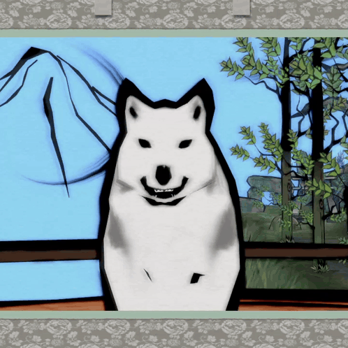 A Black And White Drawing Of A Dog With Trees In The Background GIF