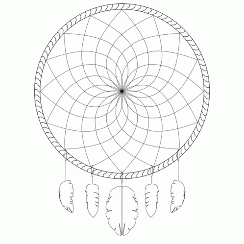 A Black And White Drawing Of A Dream Catcher With Feathers Attached To It GIF