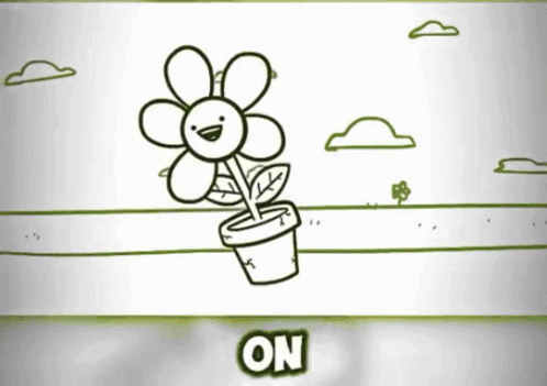A Black And White Drawing Of A Flower In A Pot With The Words " On " Below It GIF