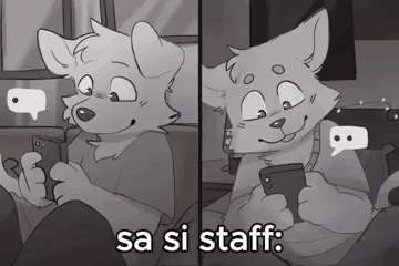 a black and white drawing of a furry looking at a cell phone with the words sa si staff written below it